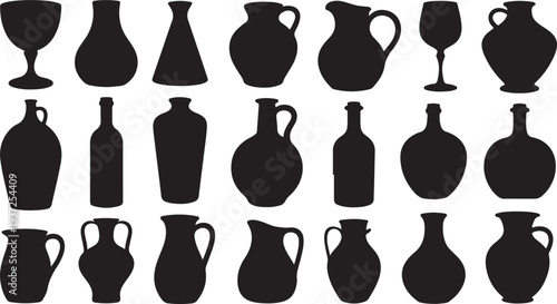 A collection of various black silhouettes of jugs and bottles on white background
