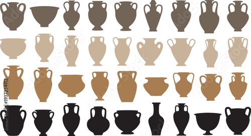 A collection of various ancient style vases and amphorae in different colors and shapes