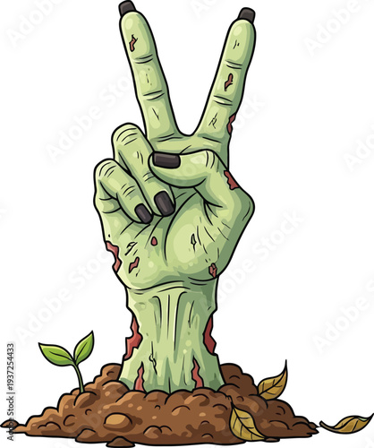Zombie Hand Emerging From Ground Making Peace Sign Sprouting Plant Stock Illustration