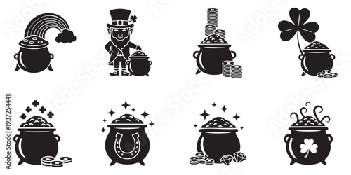 Set of 8 St. Patrick's Day pot of gold icons vector