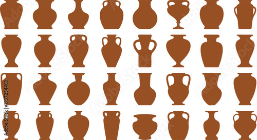 A collection of various brown ancient Greek and Roman style clay vases and amphorae