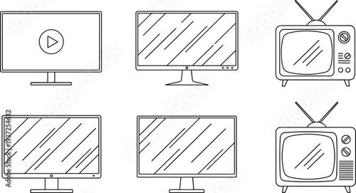 Screen and Television Display Line Icon Set Featuring Computer Monitor, Video Player Screen and Retro TV for Media, Broadcasting and Technology Design