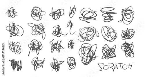 Hand drawn chaos scribble set. Isolated black pencil squiggles, chaotic pen scratches and messy ink lines. Abstract rough drawn texture pack for modern grunge design and creative collage. Vector