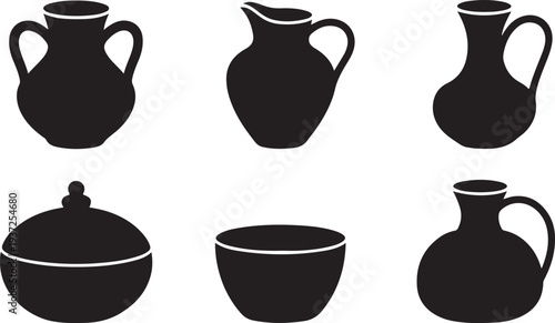 A set of six black silhouettes of various ceramic jugs and containers on white background