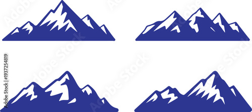 Four Different Blue Mountain Silhouettes on White Background