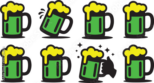 Eight green beer mugs with yellow foam on a white background