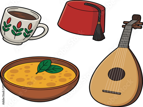 Traditional cultural items illustration featuring tea cup, fez hat, oud instrument, soup bowl, oriental lifestyle concept, heritage symbols