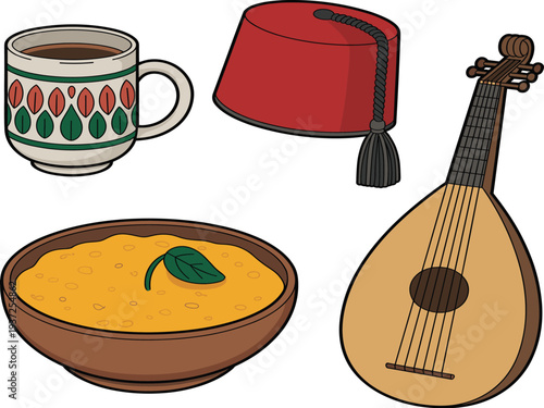 Traditional cultural items illustration featuring tea cup, fez hat, oud instrument, soup bowl, oriental lifestyle concept, heritage symbols