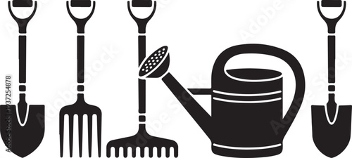 Gardening tools and watering can icons in black silhouette on white background for landscaping and gardening projects