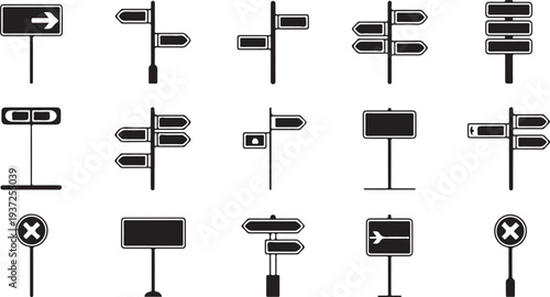 Various black and white directional signs on white background for navigation and guidance