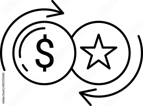 Dollar coin and star icon with circular arrows representing exchange or loyalty program simple vector illustration for finance and marketing concepts