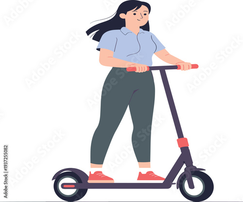 Young woman riding electric scooter, urban eco friendly transportation concept, modern city commute, sustainable lifestyle illustration isolated background