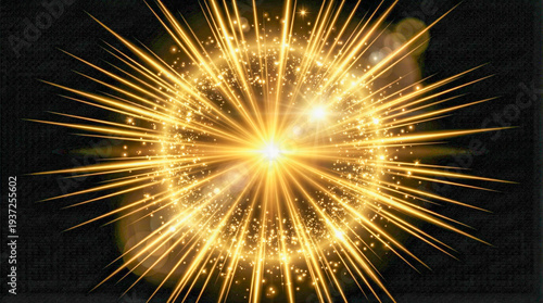 Foto Estallido de estrella dorada con destellos brillantes, partículas de luz y rayos radiantes sobre un fondo negro profundo