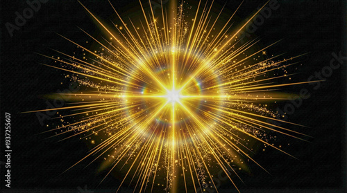 Photos Estallido de estrella dorada con destellos brillantes, partículas de luz y rayos radiantes sobre un fondo negro profundo