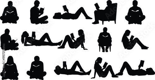 Collection of people silhouettes reading books in various poses including sitting, lying down, and relaxing for education, library, and literacy