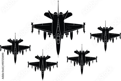 Vector illustration of military jet fighter silhouettes in formation for air force defense, aviation technology, combat mission, and aerospace industry