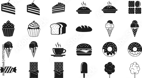 Sweet Desserts and Bakery Food Icon Set Including Cake, Cupcake, Ice Cream, Donut, Bread, Candy, Chocolate, Coffee and Pastry Silhouette Vector Collection