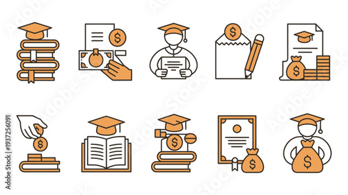 Education and Financial Aid Line Icons Set Featuring Scholarship Student Loan Tuition Grant Funding University Support Symbols for Academic Payment Assistance College Study Vector Collection