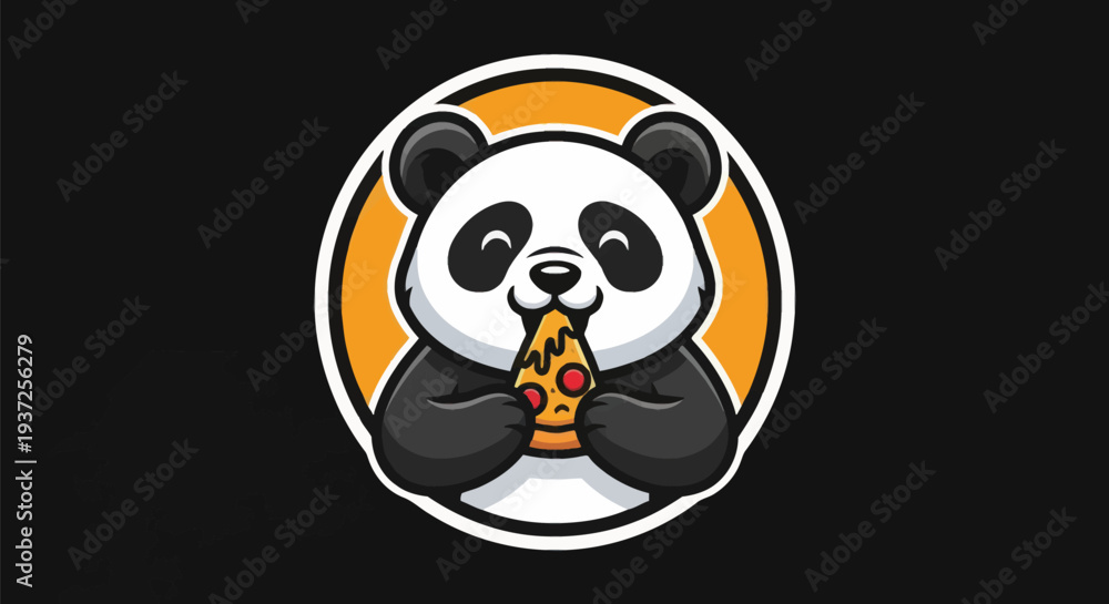 Fototapeta premium Cartoon panda eating pizza on black