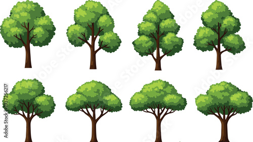 Collection of flat green tree vector icons isolated on white background for landscape design, nature environment, forest ecology and game assets