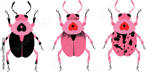 Cute Punk Beetle Characters with Heart Symbols Vector Set