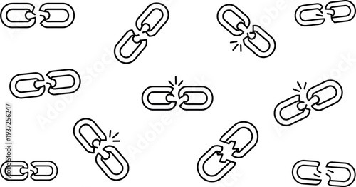 Broken chain link icons collection, connection break symbols, unlink disconnect concept minimal vector illustration set