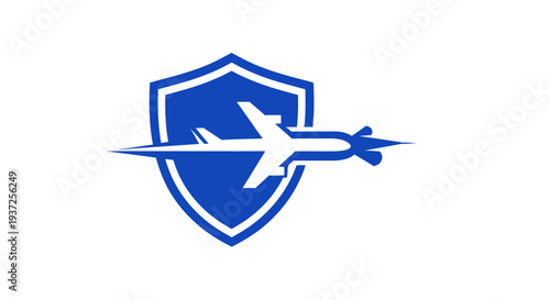 Air Travel Protection Emblem Depicting Airplane and Shield for Security