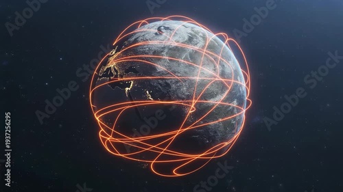 Earth From Space With Orange Network Lines Connecting Global Points globe connection animated