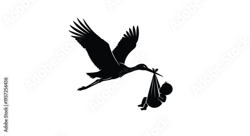 A stork carrying a baby in its beak a classic silhouette