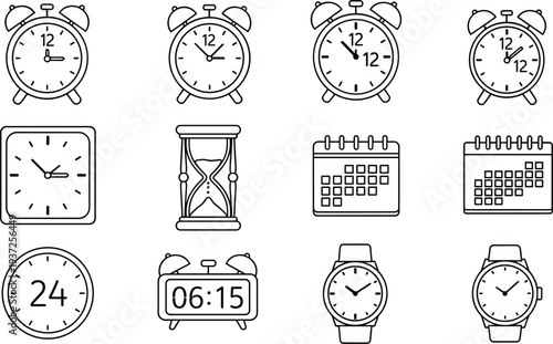 Time and Clock Line Icon Set Featuring Alarm Clock, Digital Timer, Hourglass, Calendar, Wristwatch and 24 Hour Time Management Symbols