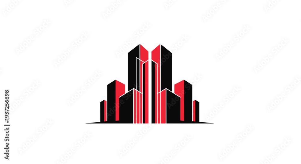 Fototapeta premium Architectural Illustration Depicting a Modern City Skyline in Bold Black and Red Design