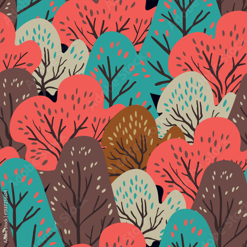 Seamless pattern with trees, plants. Color vector background. Spring, autumn tree for your design. Eco idea concept. Print design for wallpapers, fabric, textile.