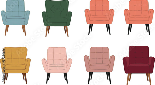 Collection of eight colorful mid century modern armchairs in various velvet fabrics isolated on white background for interior furniture design