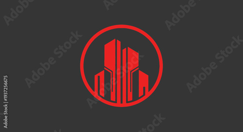 Architectural Graphic Design Depicting a Modern Cityscape in a Stylized Circular Emblem