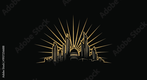 Architectural Illustration Depicting a City Skyline With Golden Sunburst Design