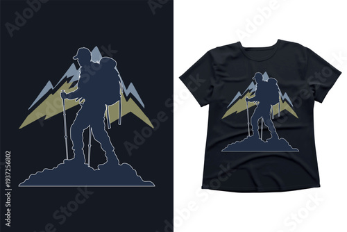 Mountain adventure hiking design, vintage outdoor wilderness badge, nature exploration silhouette, minimalist forest landscape illustration