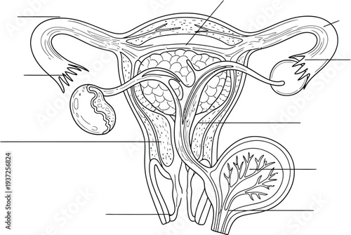 Female reproductive system diagram, uterus ovary fallopian tube cervix vagina, anatomical illustration, medical education, biology vector, healthcare graphic, labeled anatomy