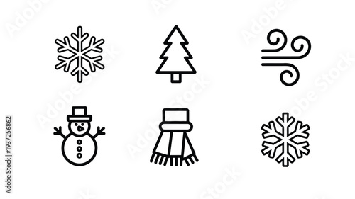 Winter season outline vector set with snowflake, pine tree and cold weather symbols