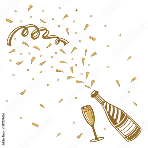 A bottle of champagne and a glass with confetti