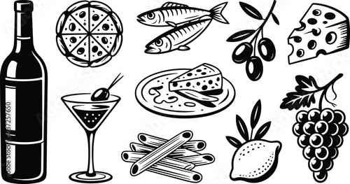 Hand Drawn Mediterranean Culinary Icons, A Collection of Italian Food, Wine, and Fresh Ingredients in Black and White Vector Style
