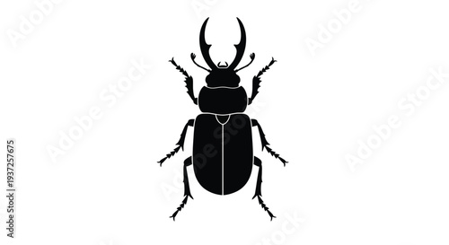 Detailed black stag beetle illustration presented as a striking silhouette