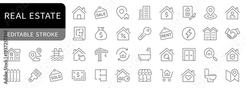 Real estate simple line icons set. House, agent, home, mortgage editable stroke icon. vector