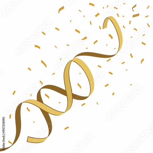 A gold ribbon and confetti on a white background