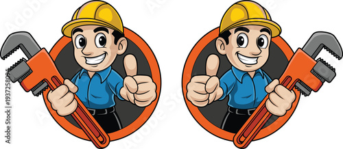 plumber mascot character holding pipe wrench cartoon handyman worker repair service plumbing logo illustration professional mechanic badge design