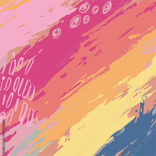 Abstract colorful paint strokes with vibrant hues. Textured design with diagonal brushstrokes and splatters in warm colors. Abstract artwork for digital design or print media.