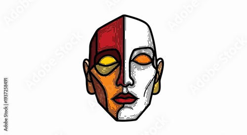 Split face mask illustration with geometric features