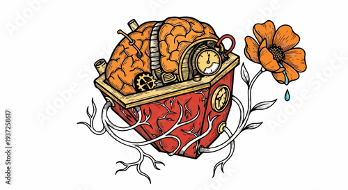 Biomechanical heart and brain box with flower illustration