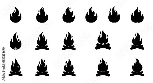 Fires icon set with varying flame sizes and campfire designs featuring fire, flames, black with silhouette and outdoor