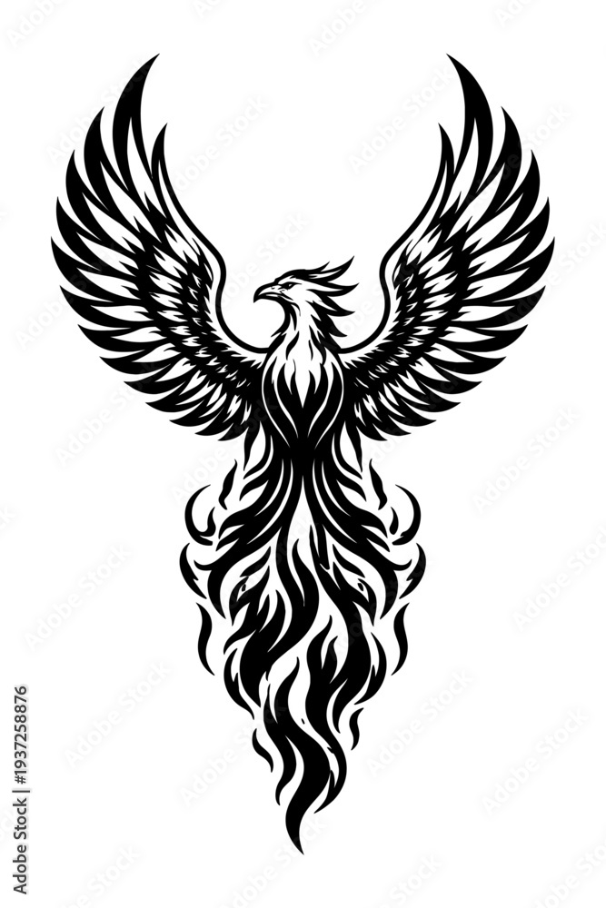 Fototapeta premium Phoenix rising from flames, symbol of rebirth and regeneration, black silhouette on white background, majestic wings outstretched, mythical creature, powerful and free, representing hope and renewal,