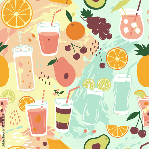 Fruit smoothies and drinks seamless pattern with painted background. Various colorful drinks, fruits, and beverages displayed in a playful, summery design.